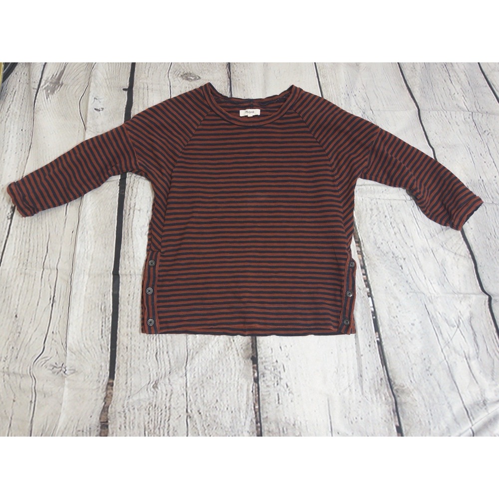 Madewell Striped Top Women XS Orange Navy Blue Button Side Raglan Knit Shirt‎